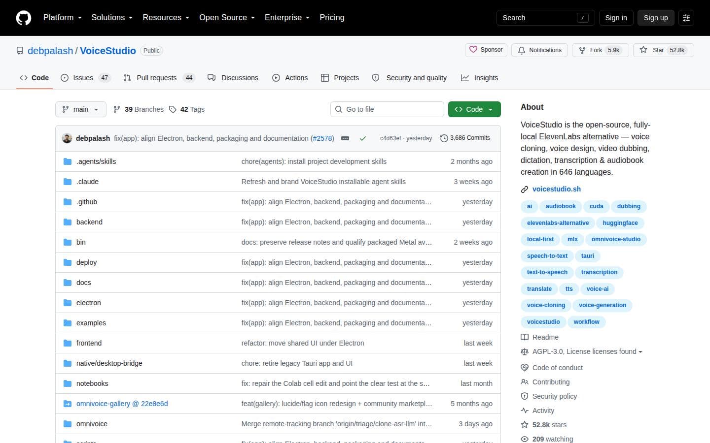 debpalash/VoiceStudio: VoiceStudio is the open-source, fully-local ElevenLabs alternative — voice cloning, voice design, video dubbing, dictation, transcription & audiobook creation in 646 languages.