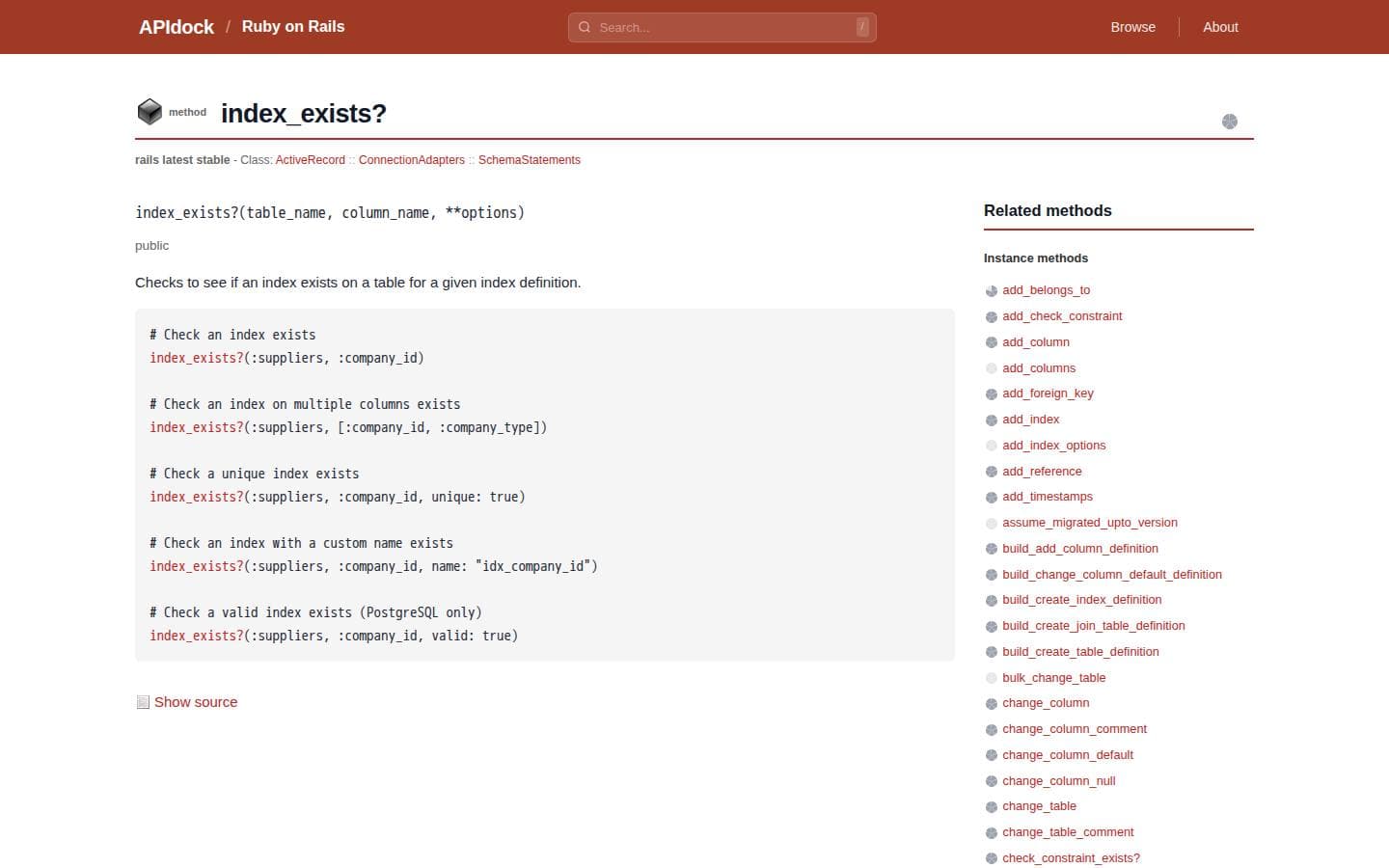 ActiveRecord::ConnectionAdapters::SchemaStatements#index_exists? - APIdock